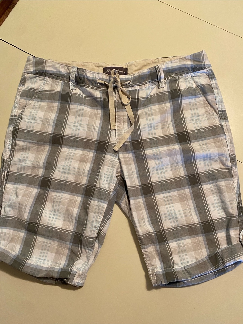 Eddie Bauer Women’s Brown, Gray and White Plaid Flat-Front Shorts-14